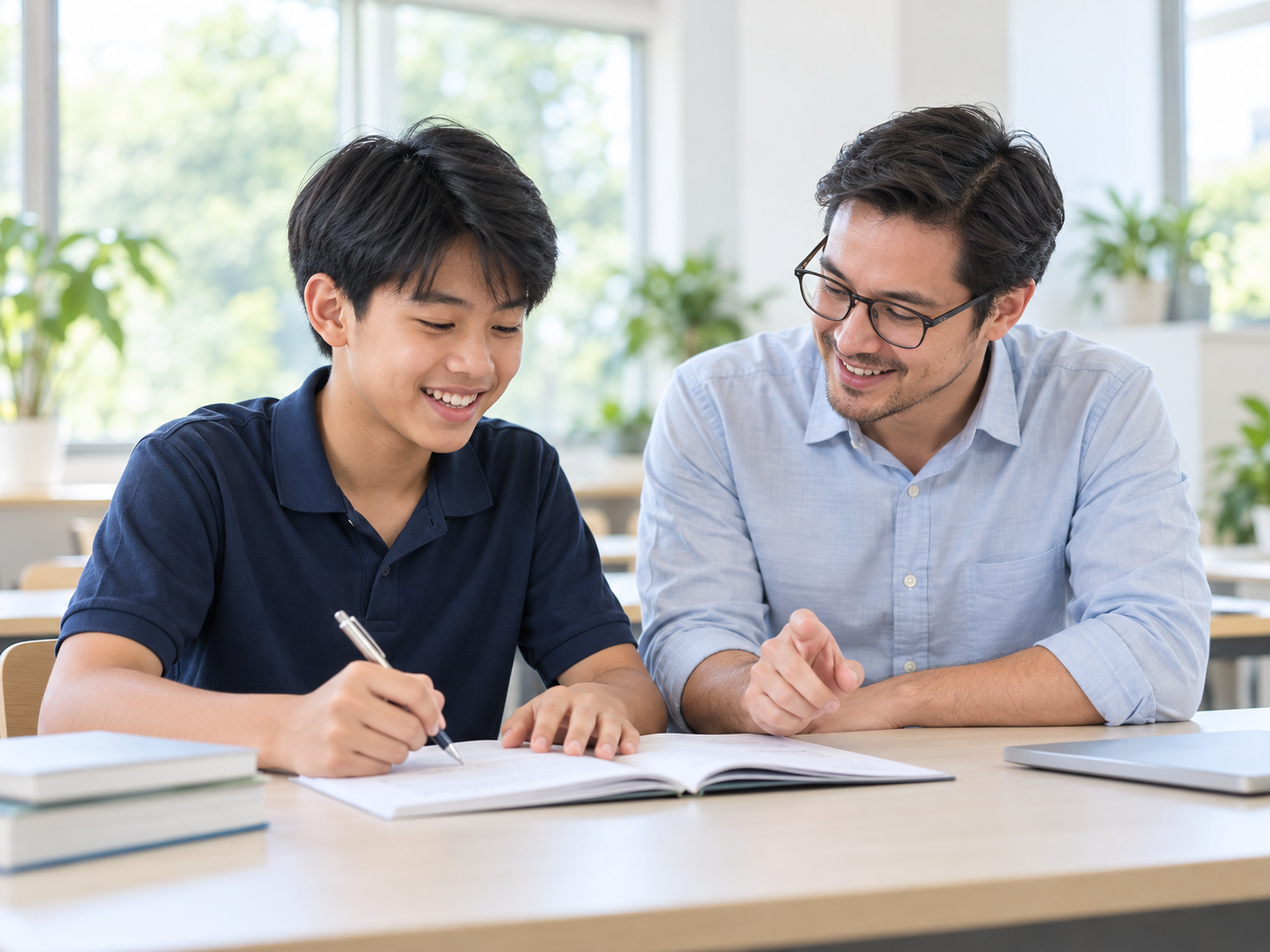 Student discussing his work with a teacher